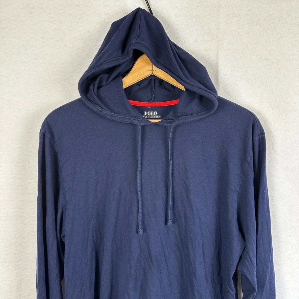 Polo Ralph Lauren Mens Long Sleeve Hoodie Lightweight T-Shirt Navy Red Pony Logo